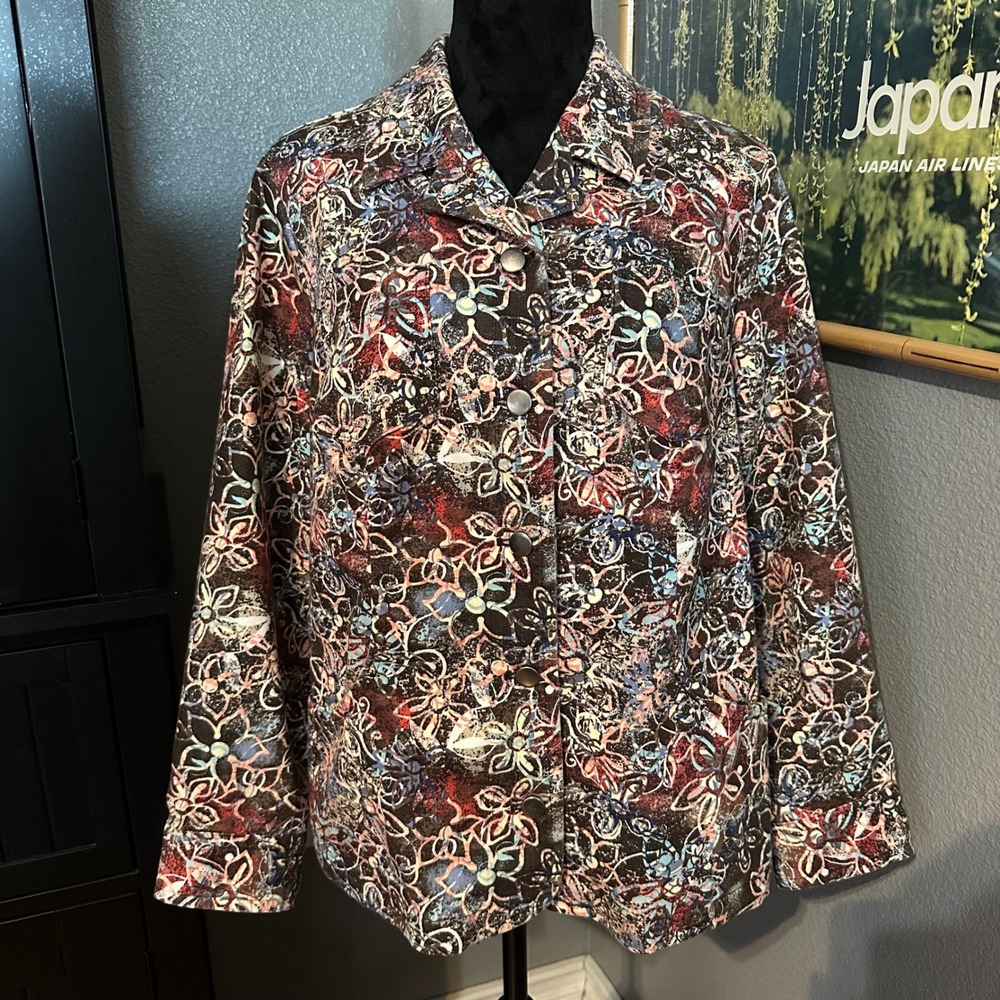 CJ Banks Jacket Size 1X Floral Button‎ Front Plus Casual Stretch Classic